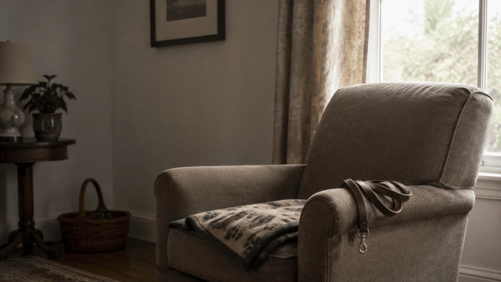 An empty armchair beside a sunlit window, with a folded pet blanket and leash resting on it.