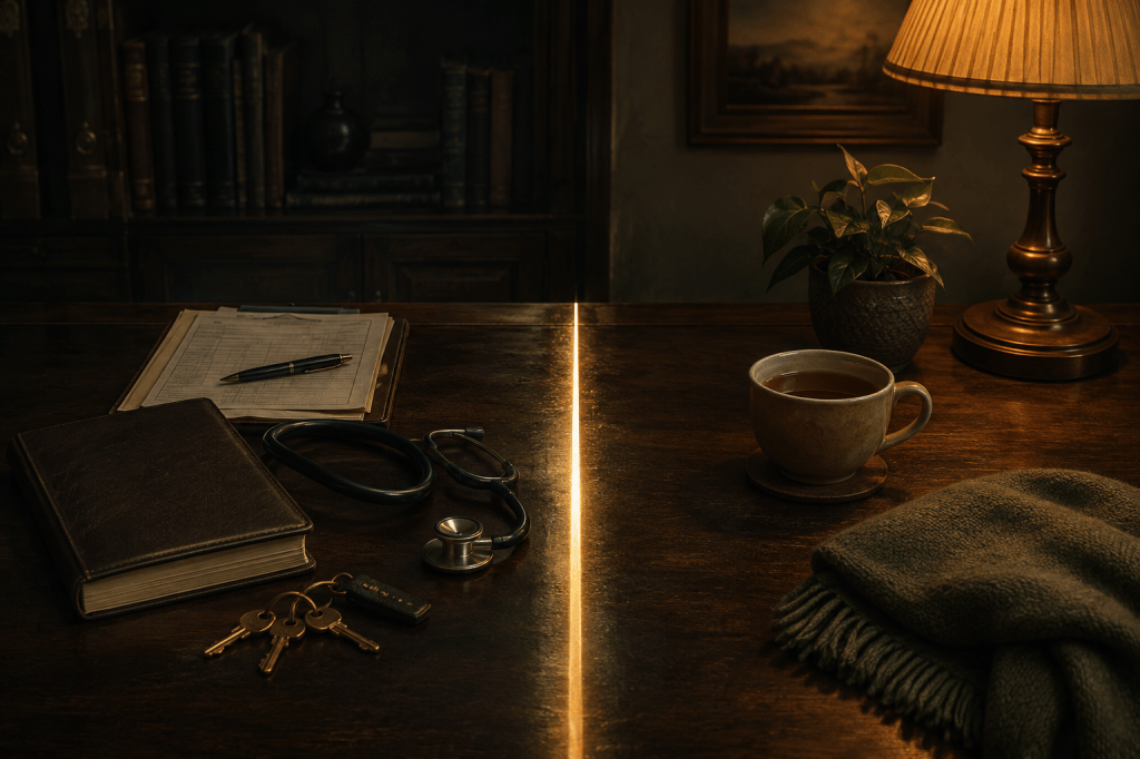 A dark wooden desk divided by a line of warm light, with veterinary work items on one side and a peaceful home setting on the other.