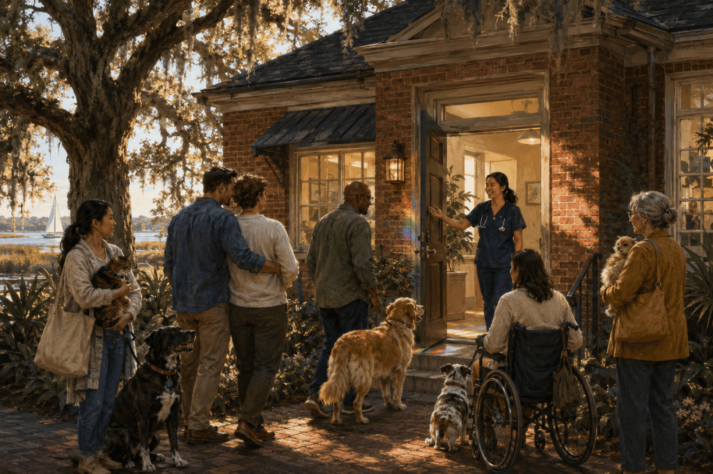 A diverse group of veterinary clients with dogs and cats approaches a welcoming clinic doorway, where a veterinary professional greets them in warm afternoon light.