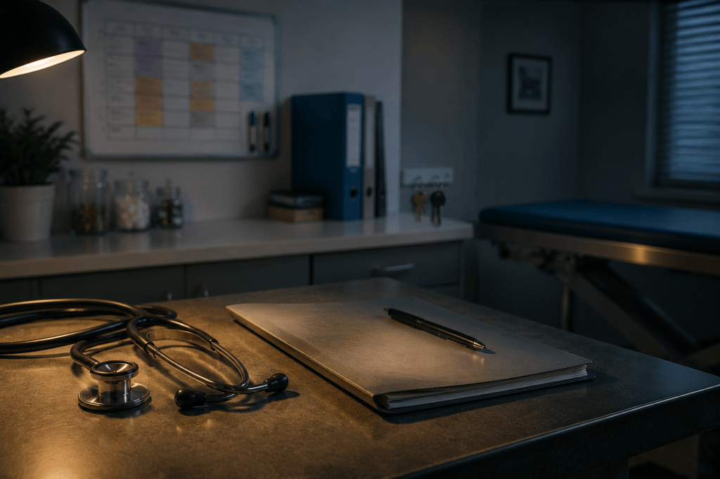 A veterinary exam room after hours with a stethoscope, patient chart, appointment board, compliance binders, and clinic keys.